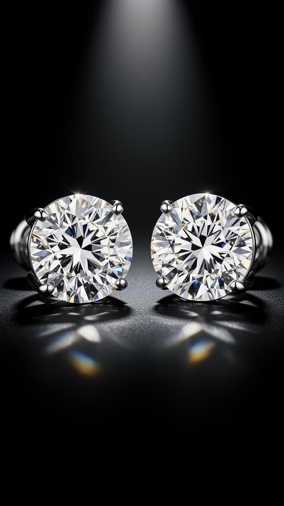 Round diamond stud earrings on black background